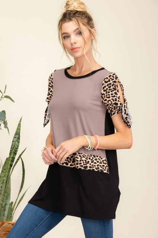 Celeste Full Size Open Tie Sleeve Leopard Color Blocked Top - JShopDontDrop