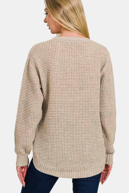 Zenana High Low Long Sleeve Waffle Sweater - JShopDontDrop