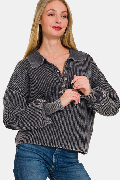 Zenana Washed Half Button Long Sleeve Sweater - JShopDontDrop