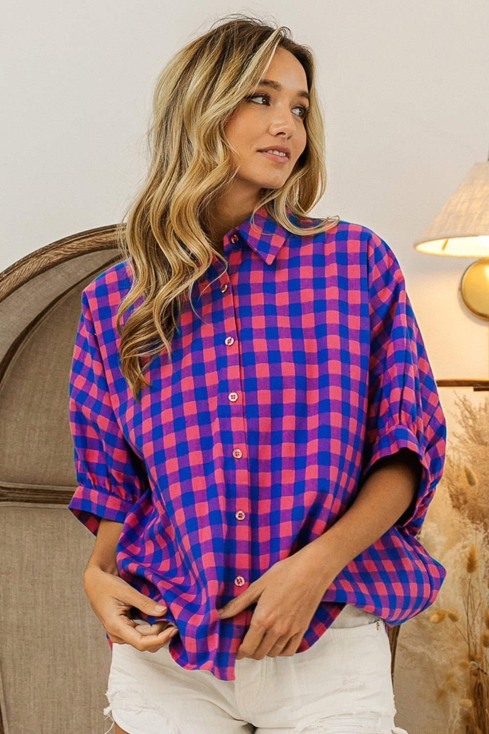 BiBi Plaid Button Up Dolman Sleeve Shirt - JShopDontDrop