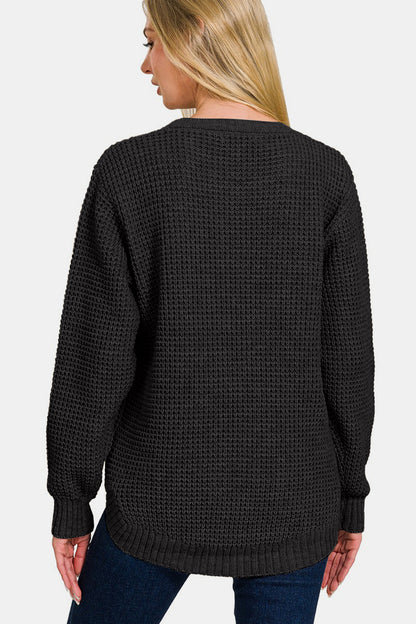 Zenana High Low Long Sleeve Waffle Sweater - JShopDontDrop