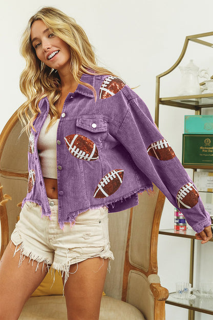 BiBi Football Sequin Embroidery Washed Corduroy Jacket - JShopDontDrop