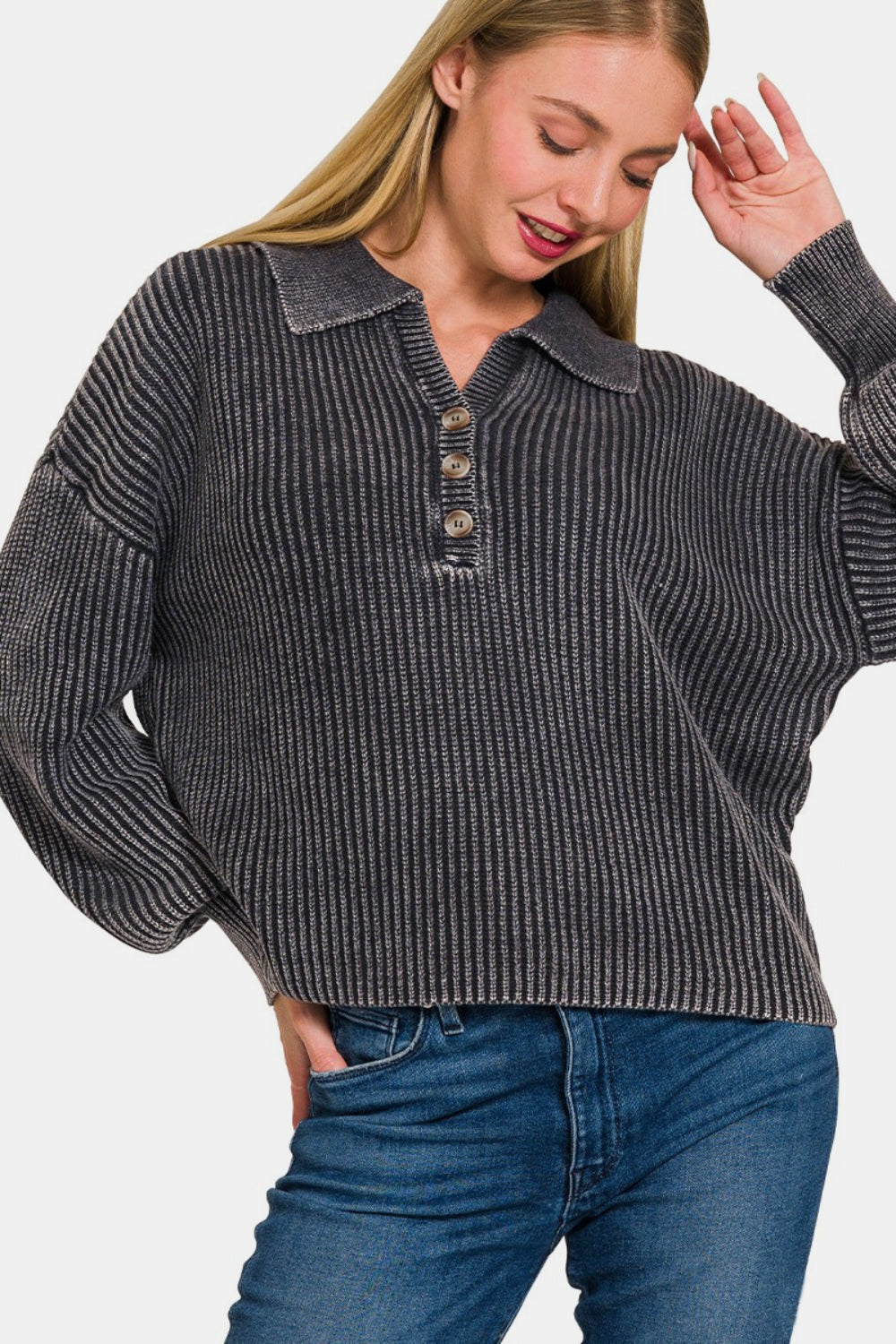 Zenana Washed Half Button Long Sleeve Sweater - JShopDontDrop