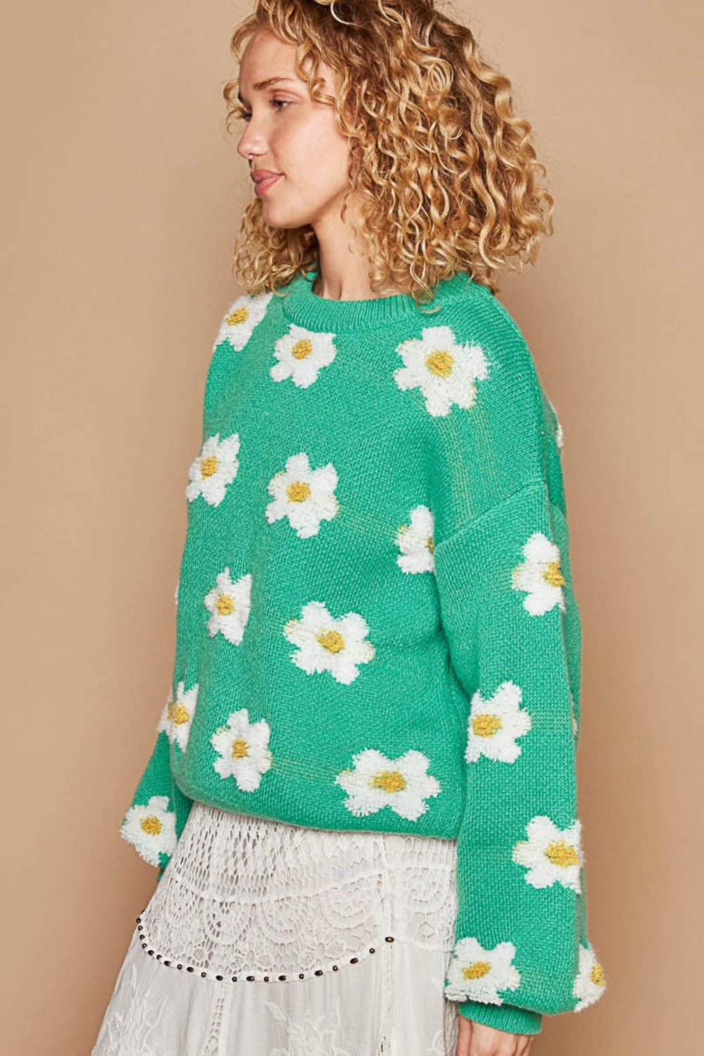 POL Daisy Pattern Drop Shoulder Sweater - JShopDontDrop