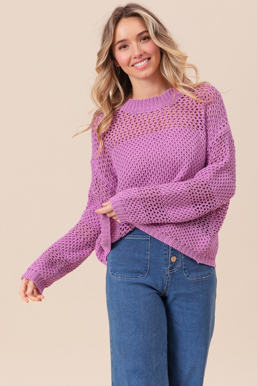 BiBi Openwork Long Sleeve Knit Top - JShopDontDrop