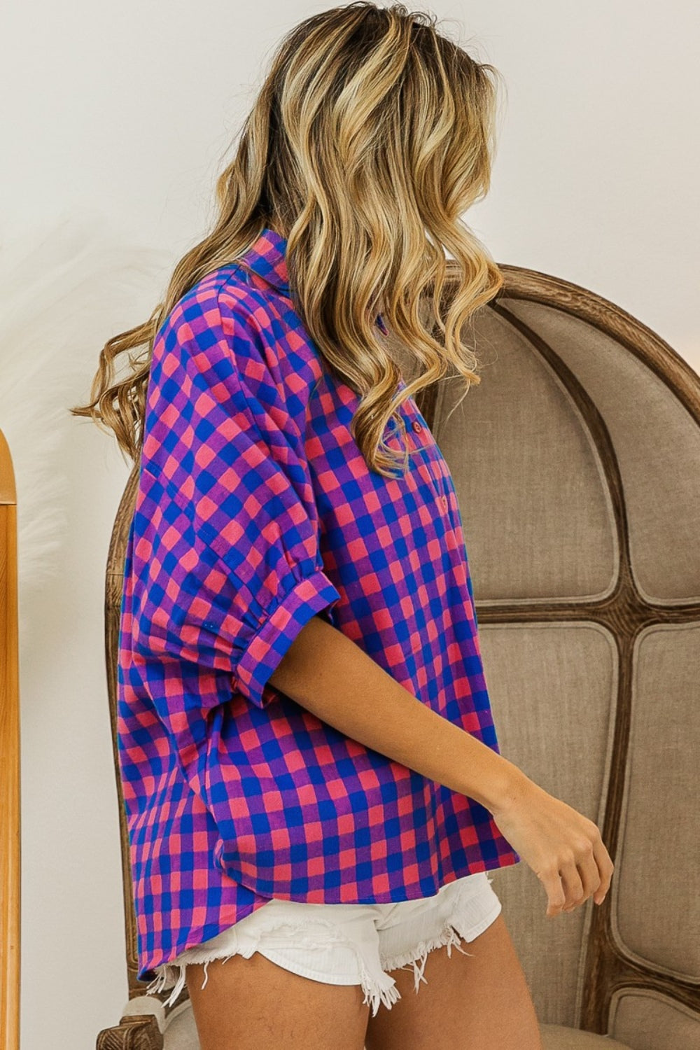 BiBi Plaid Button Up Dolman Sleeve Shirt - JShopDontDrop