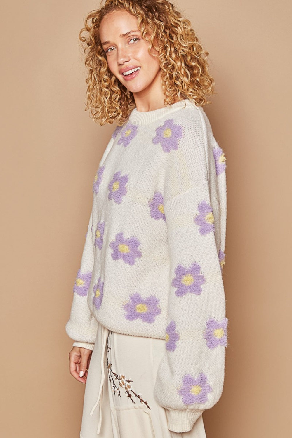 POL Daisy Pattern Drop Shoulder Sweater - JShopDontDrop