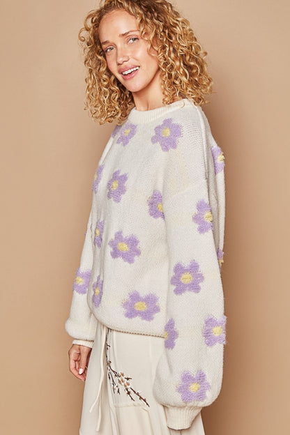 POL Daisy Pattern Drop Shoulder Sweater - JShopDontDrop