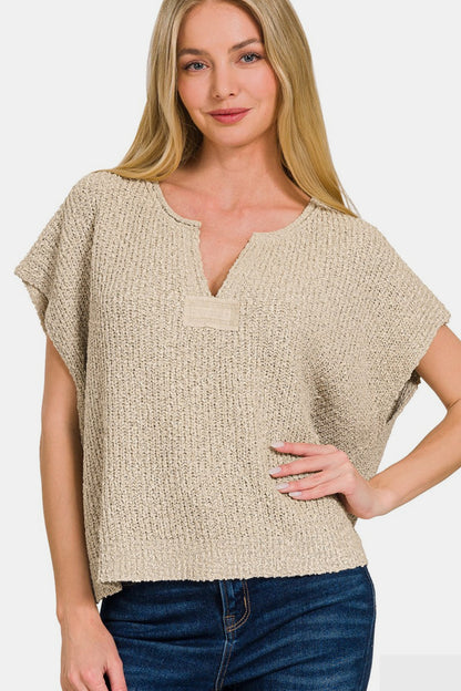 Zenana Short Sleeve Side Slit Sweater - JShopDontDrop