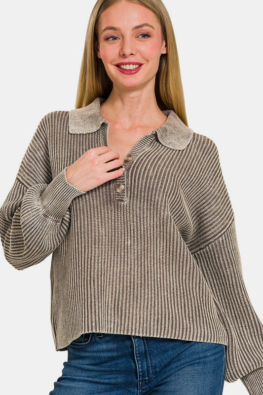 Zenana Washed Half Button Long Sleeve Sweater - JShopDontDrop