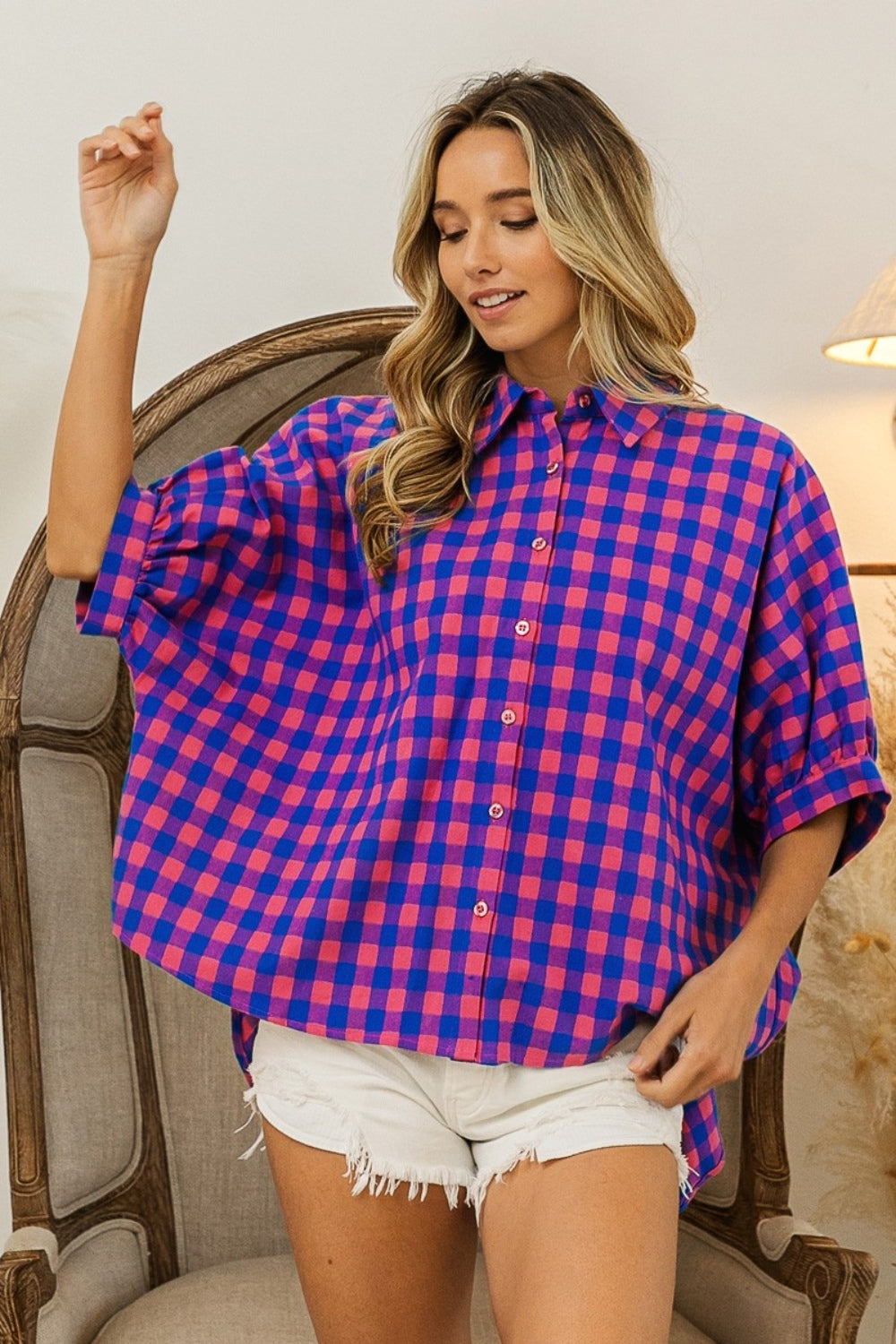 BiBi Plaid Button Up Dolman Sleeve Shirt - JShopDontDrop