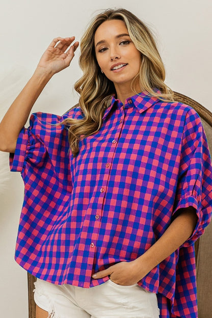 BiBi Plaid Button Up Dolman Sleeve Shirt - JShopDontDrop