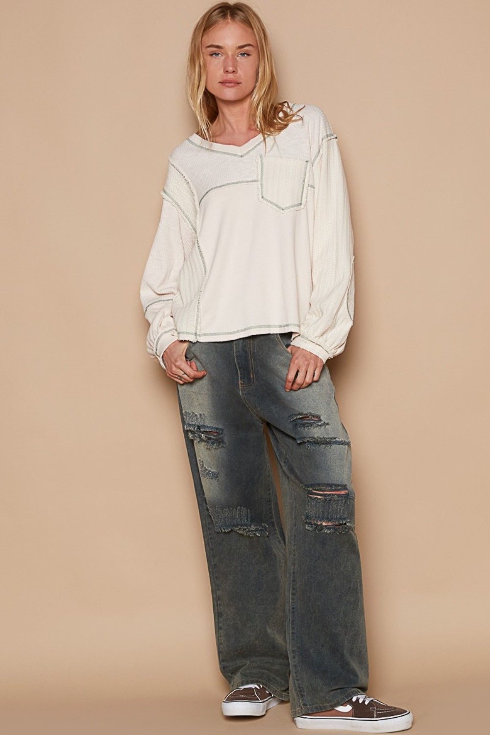 POL V-Neck knit Panel Exposed Seam Top - JShopDontDrop