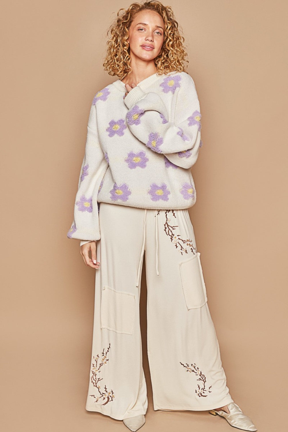 POL Daisy Pattern Drop Shoulder Sweater - JShopDontDrop