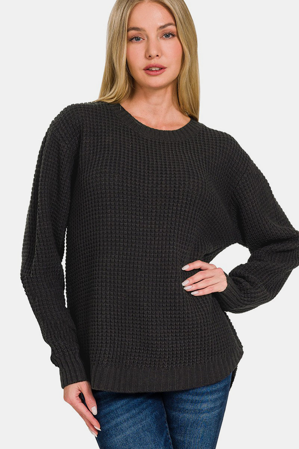 Zenana High Low Long Sleeve Waffle Sweater - JShopDontDrop