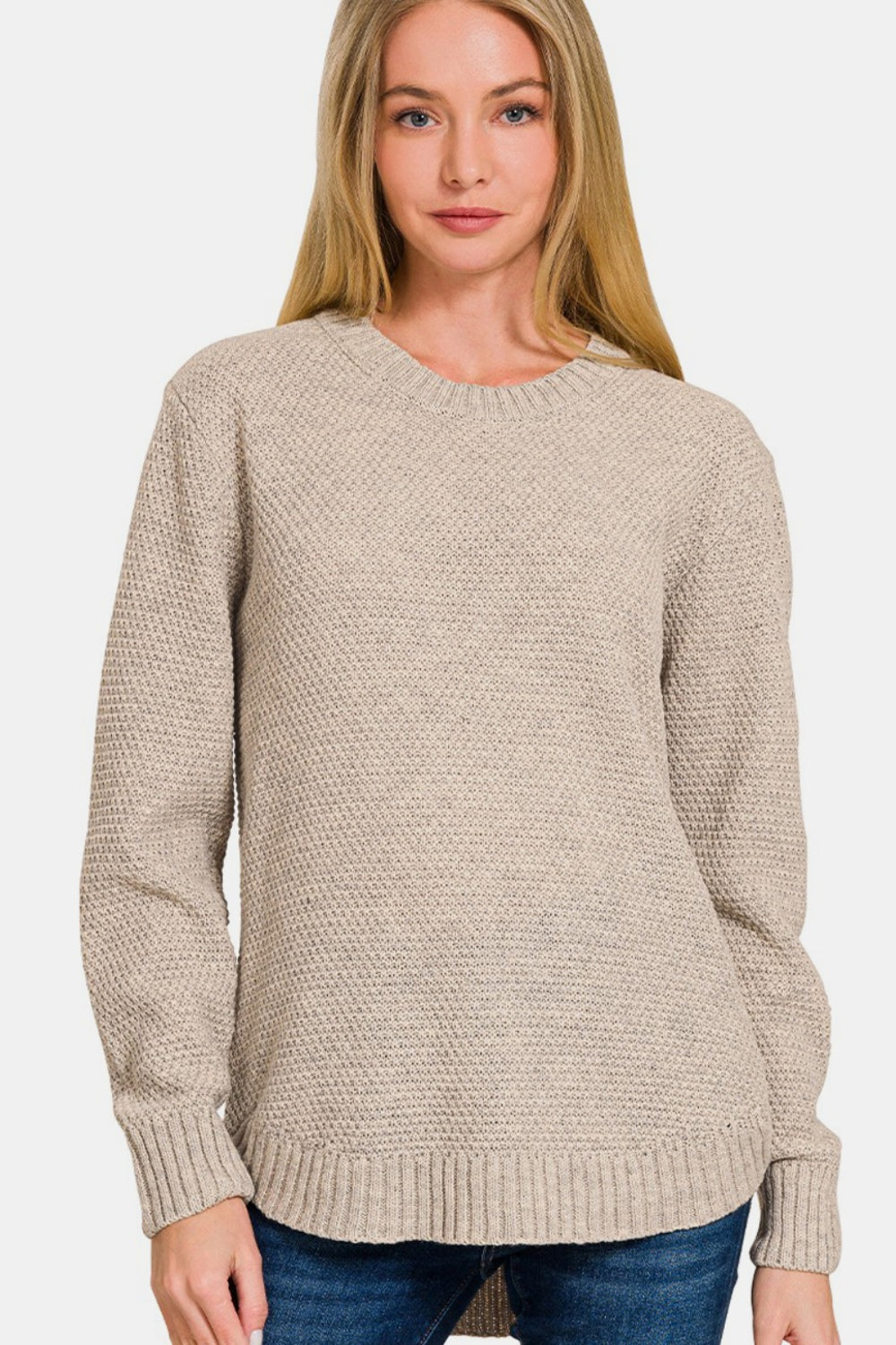 Zenana Ful Size Round Neck Long Sleeve Curved Hem Sweater - JShopDontDrop