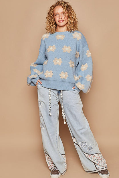 POL Daisy Pattern Drop Shoulder Sweater - JShopDontDrop