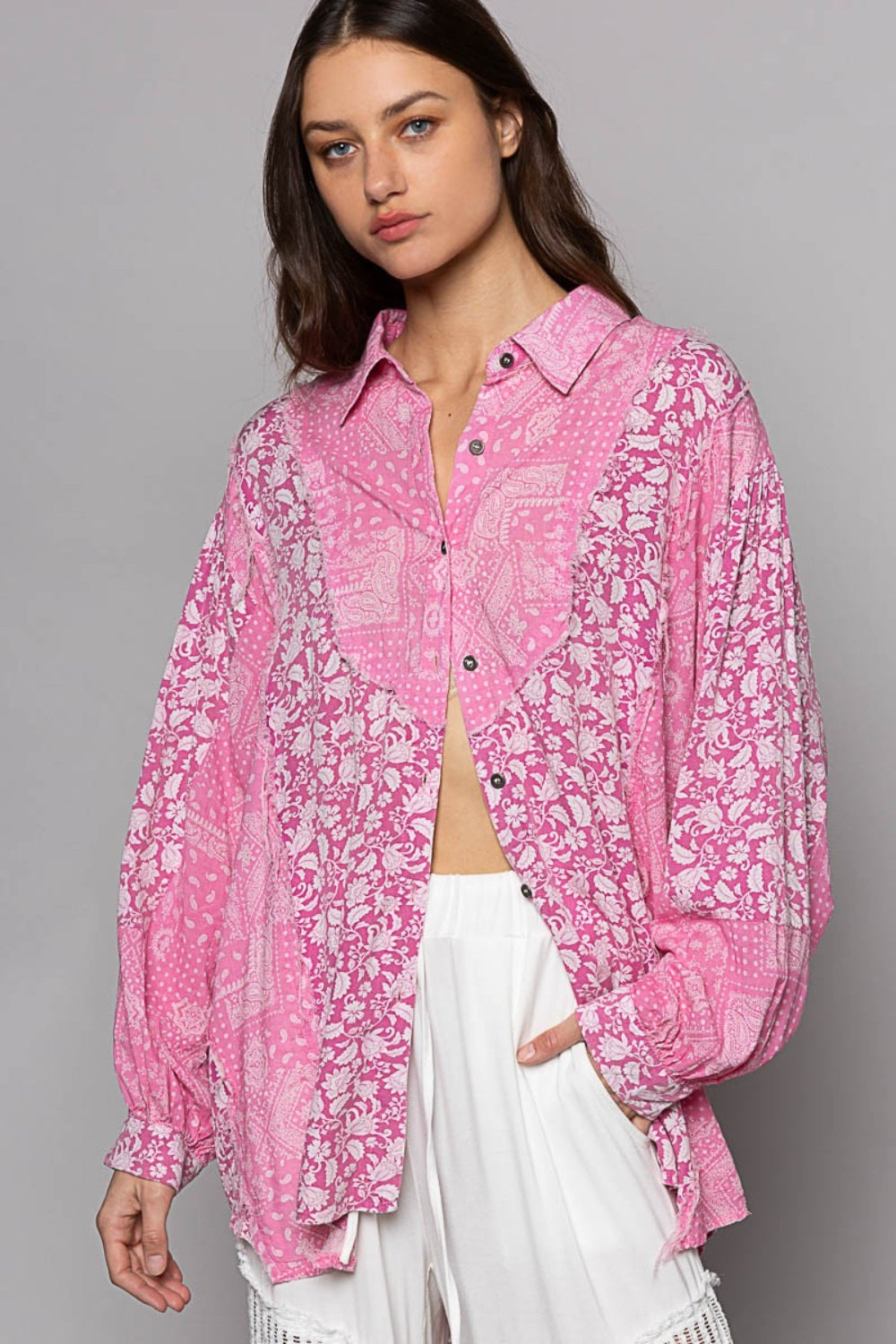 POL Button Down Long Sleeve Paisley Print Shirt - JShopDontDrop