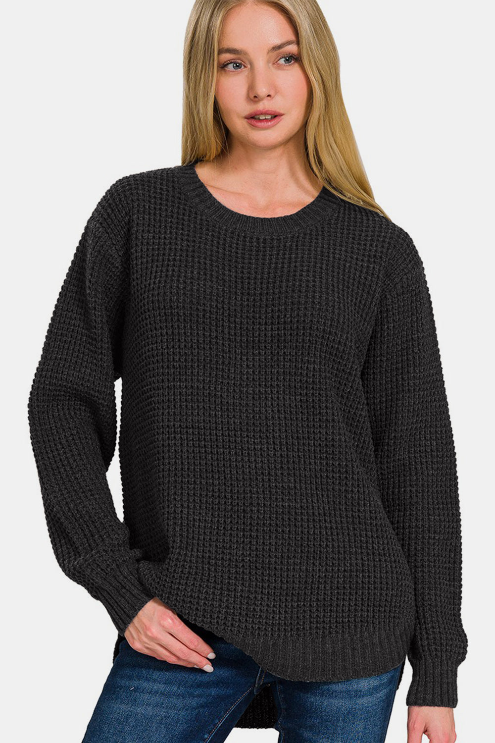 Zenana High Low Long Sleeve Waffle Sweater - JShopDontDrop