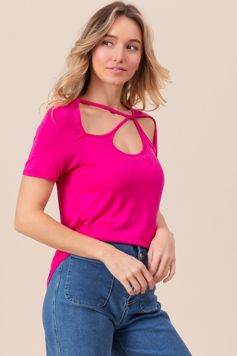 BiBi Cutout Asymmetrical Neck Short Sleeve T-Shirt - JShopDontDrop