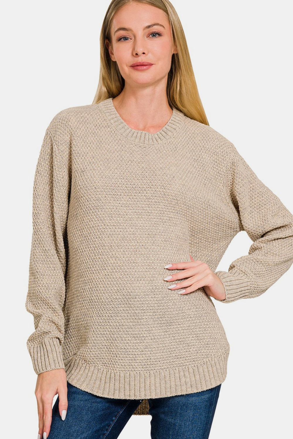 Zenana Ful Size Round Neck Long Sleeve Curved Hem Sweater - JShopDontDrop