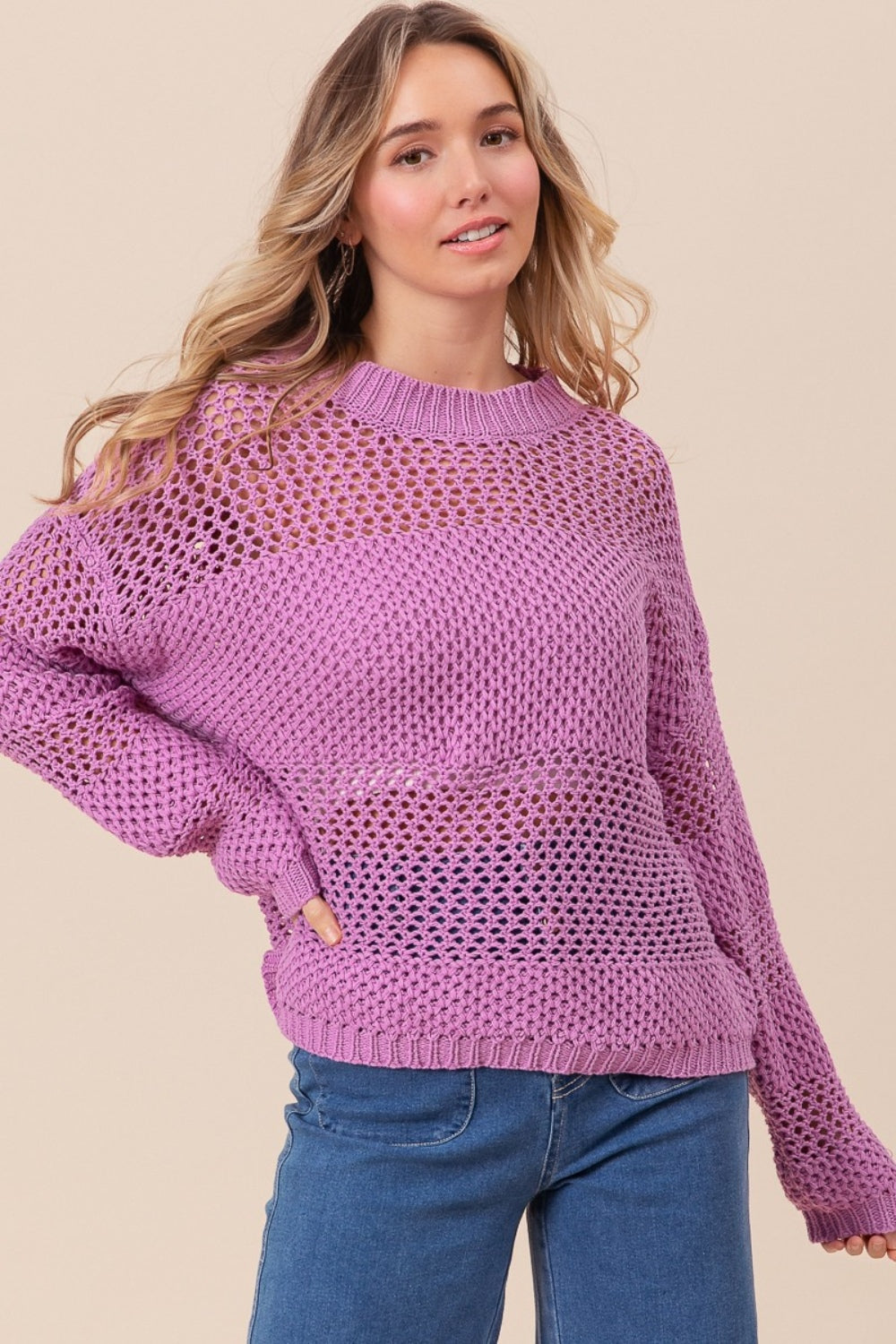 BiBi Openwork Long Sleeve Knit Top - JShopDontDrop