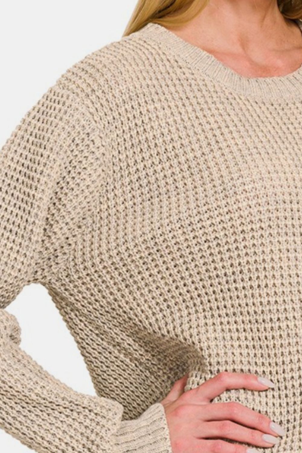 Zenana High Low Long Sleeve Waffle Sweater - JShopDontDrop