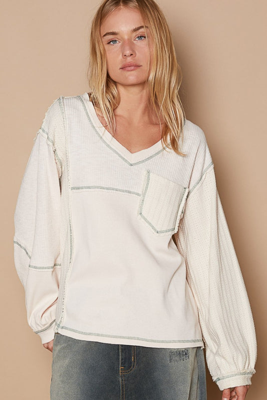 POL V-Neck knit Panel Exposed Seam Top - JShopDontDrop